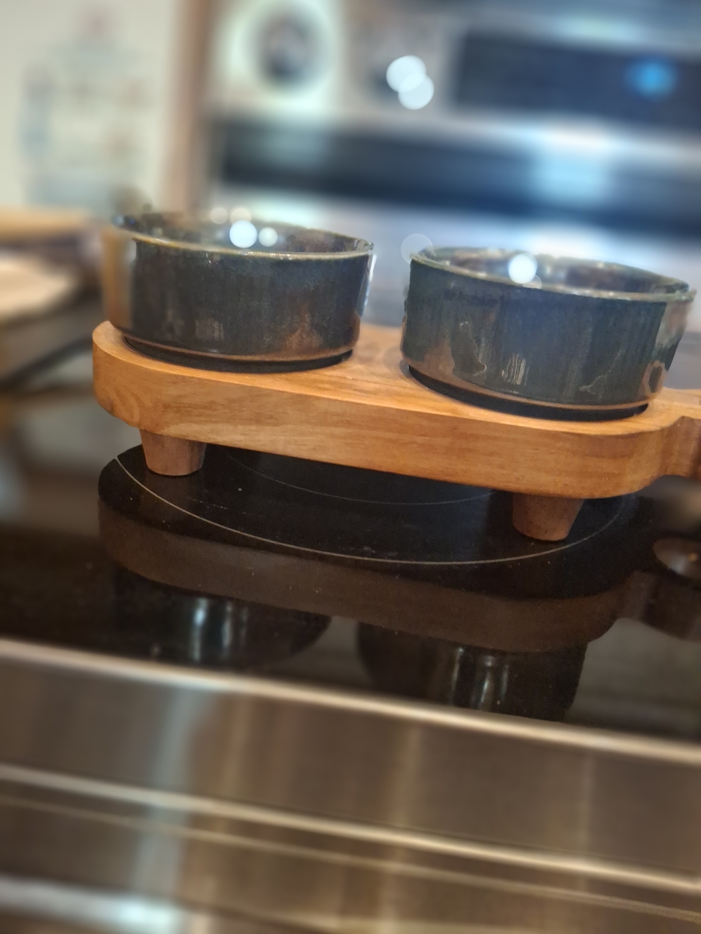 Double Ceramic Dip Bowls on Wooden Stand - Slate Blue